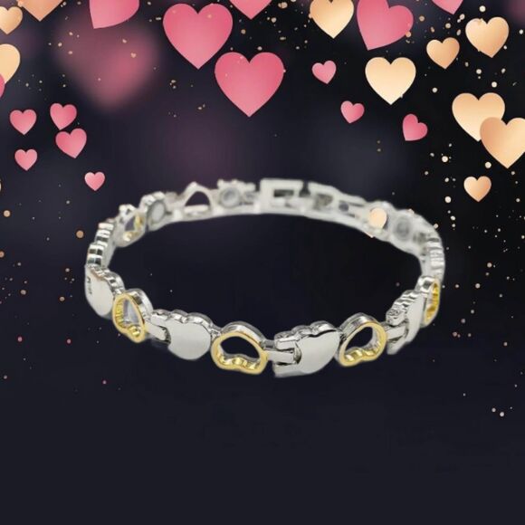 Stainless Steel & Gold Heart Link Bracelet Hallow Hearts - Picture 1 of 8